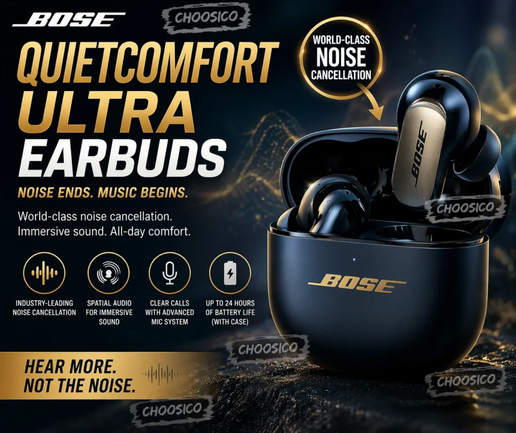 Premium noise canceling earbuds advertisement